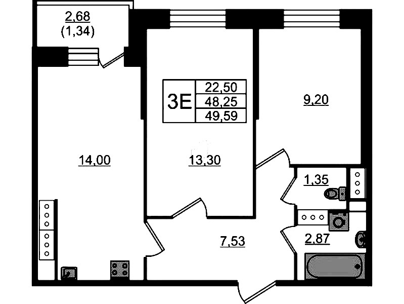 2-комнатная квартира 49.59 м², 16/23 эт., ЖК «Живи! В Рыбацком»